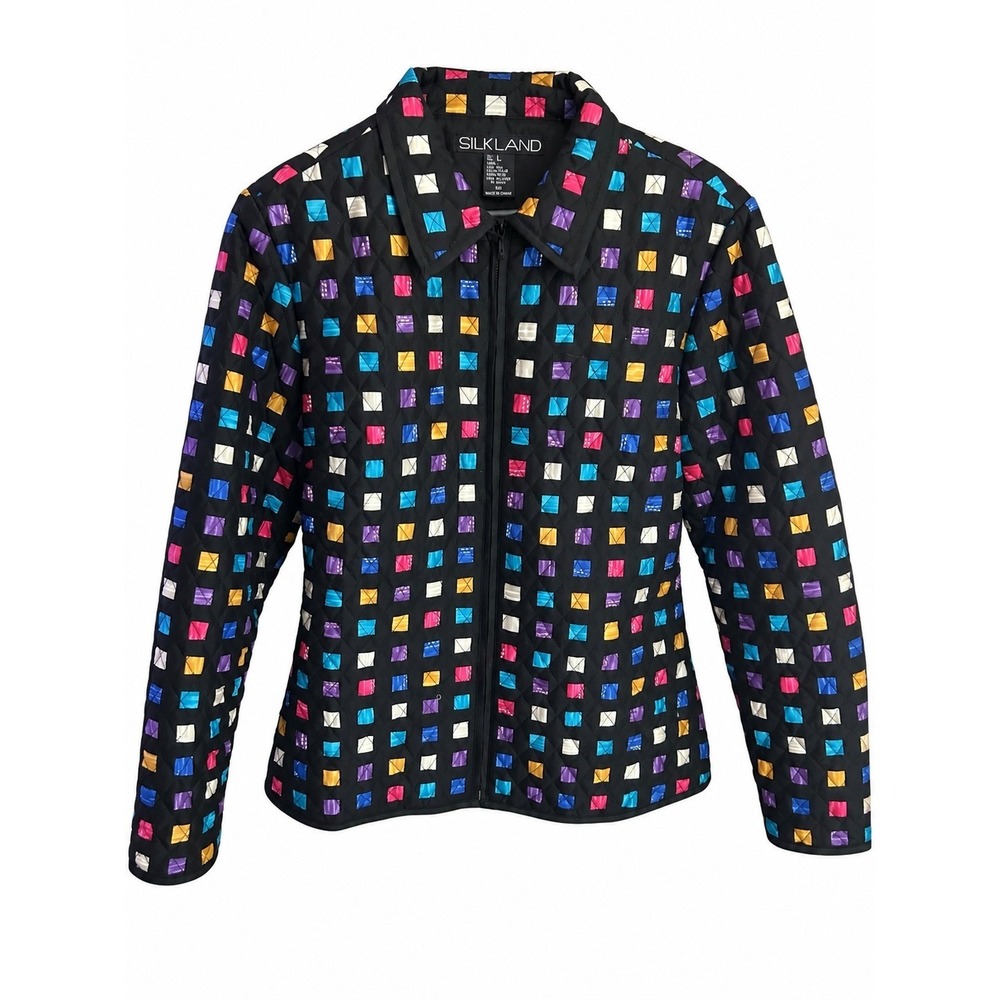 Silkland Quilted Jacket Women L Black Multi Silk EUC Geometric Art to Wear Zip
